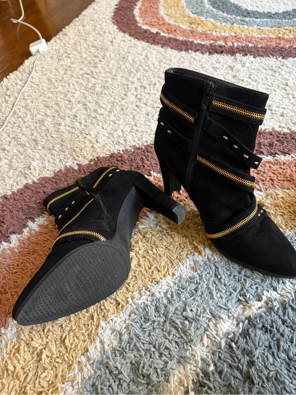 Black Suede Ankle Boots with Gold Zippers - Women's Fashion Boots